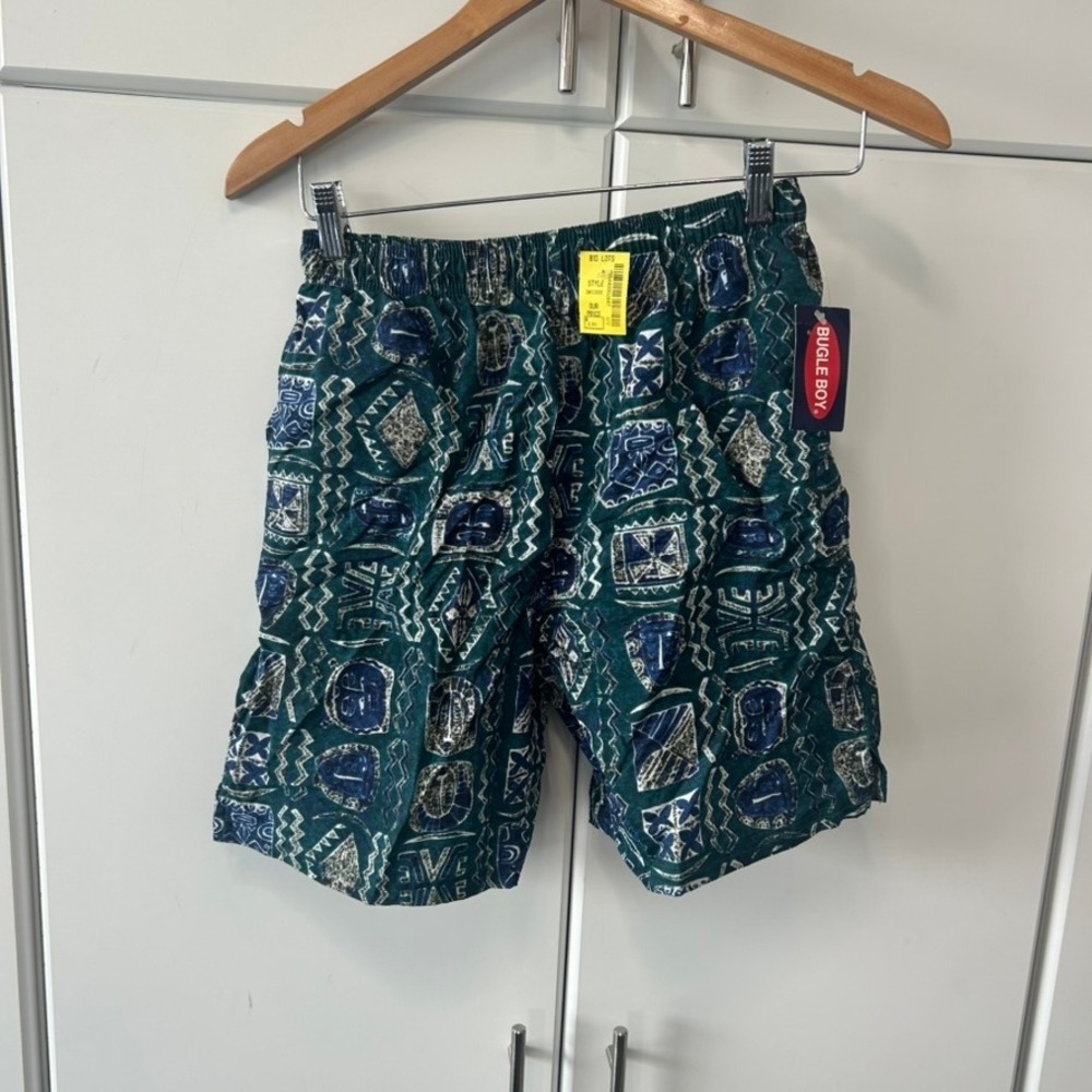 Bugle Boy Vintage‎ 90s Nylon Shorts Teal Blue Tribal Geometric Print Mens Large